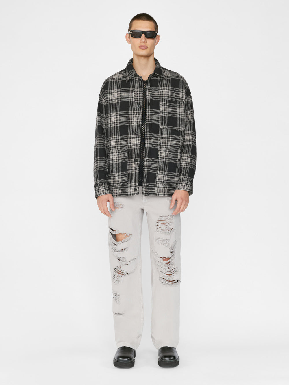 Secondary image for Padded Checked Flannel Overshirt -- Noir