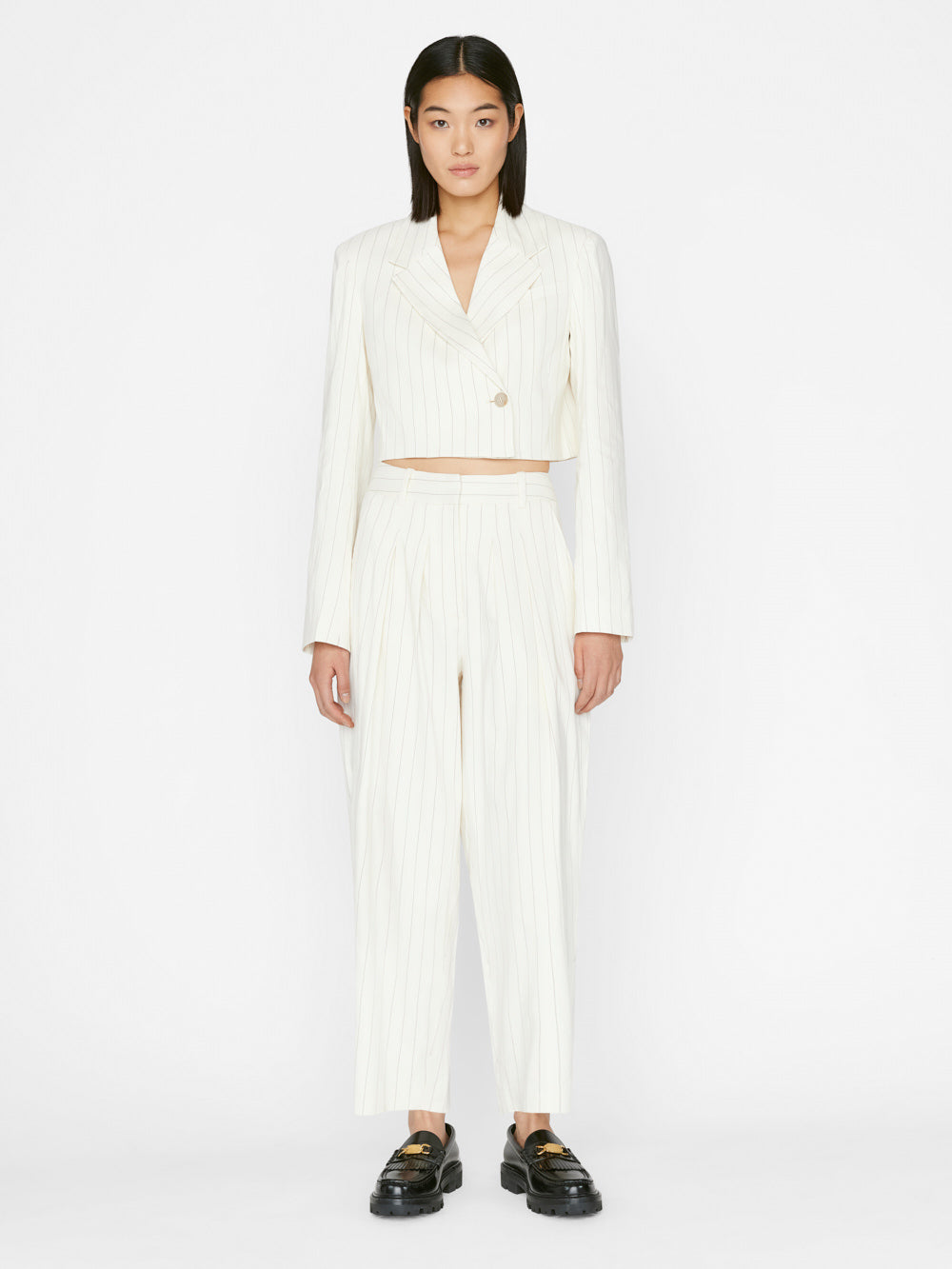 Secondary image for Cropped Strong Shoulder Blazer -- Bone Multi