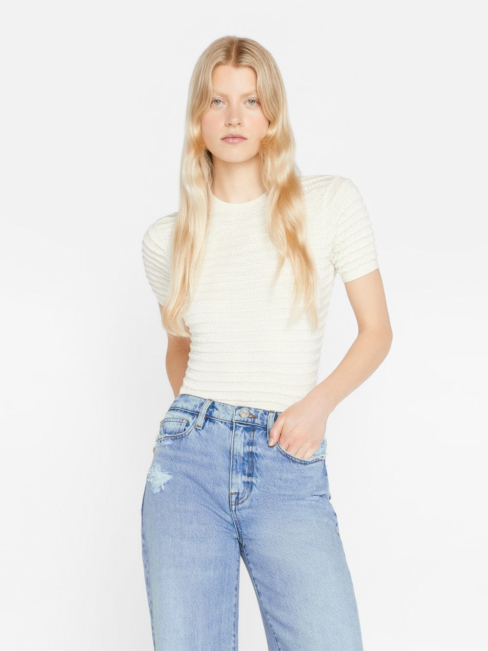 Primary image for Smocked Short Sleeve Sweater -- Blanc